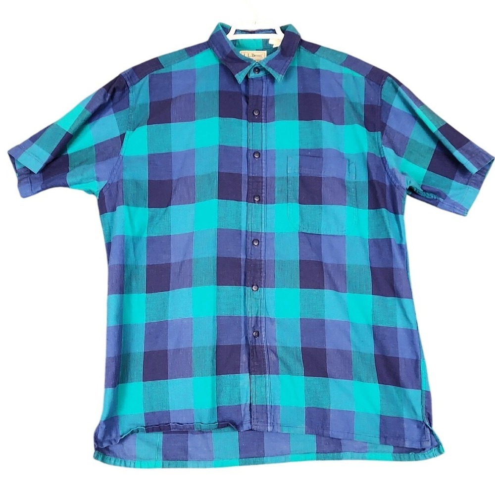 L.L. Bean Cool Weave Plaid Shirt Mens Large Short Sleeve Button Down‎ USA Made